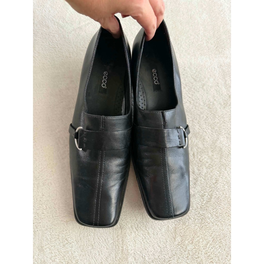 Vtg ECCO Womens 39 Black Loafers Square Toe Buckle Strap Block Heel Dress Shoes